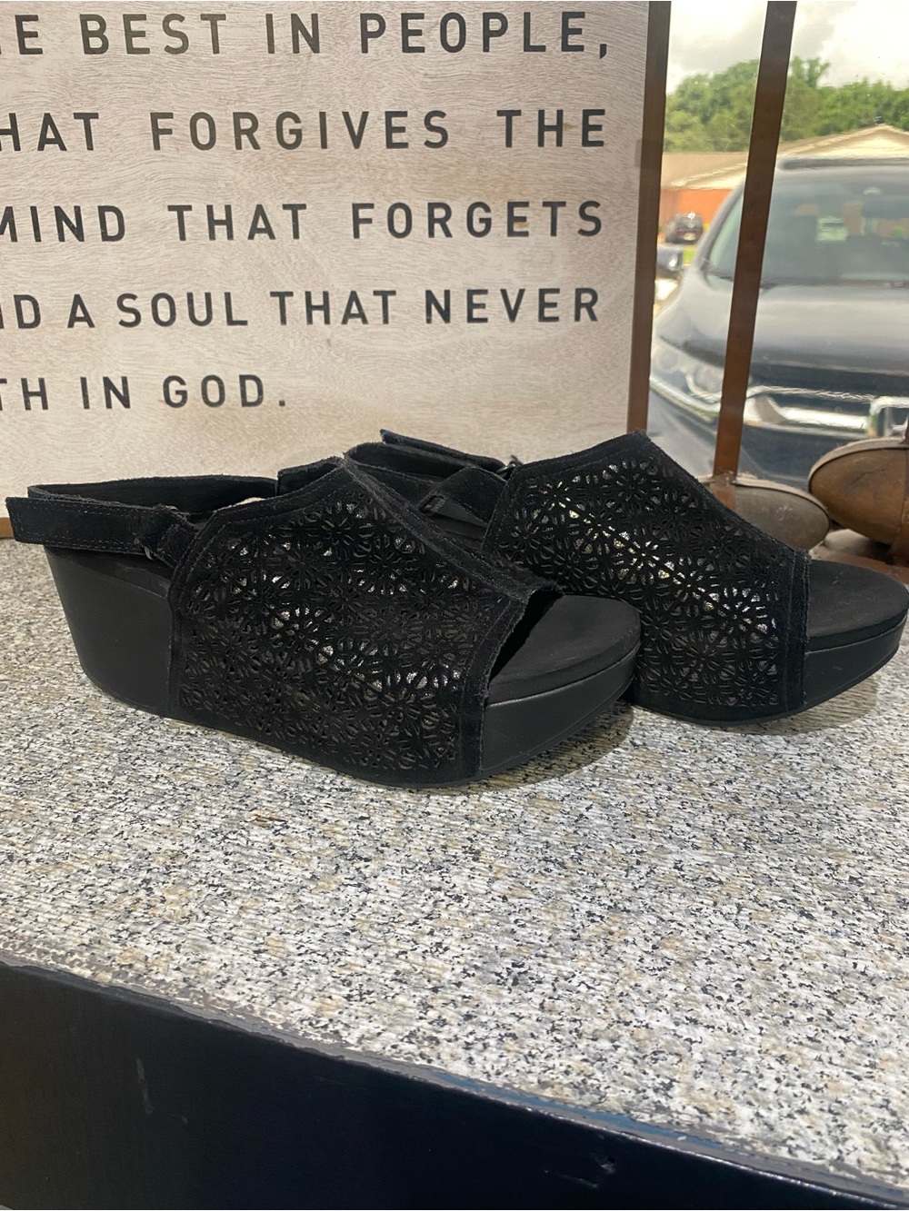 Yellow Box Black Laser-Cut Wedge Sandals